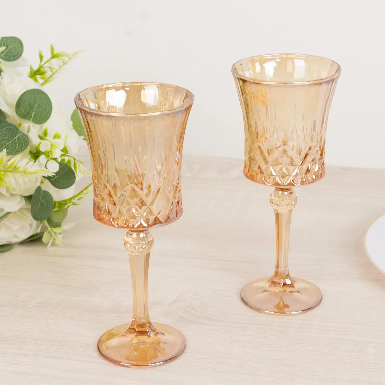 6 Pack 9oz Crystal Cut Amber Gold Goblets - Crystal Glassware, Stylish Drinkware, Elegant Vintage Glass Drinking Cups for Table Settings, Baby Showers