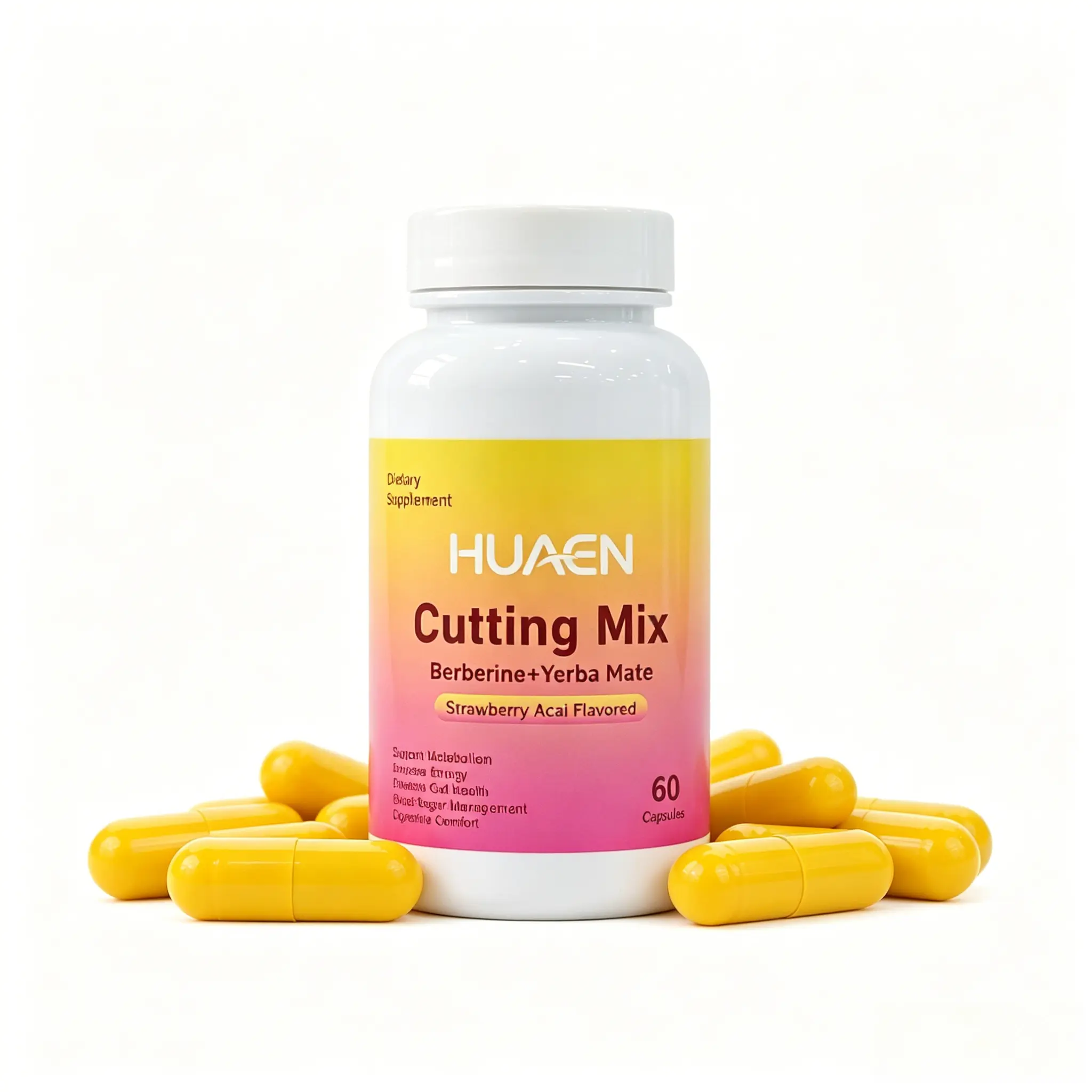 HUAEN Edible Cutting Dietary Supplement Capsules - Strawberry Açaí Flavor, 60 Count, with Natural Ingredients Berberine, Chromium, Magnesium, Raspberry Tea Powder, Lemonade, Yerba Mate for Fitness Support