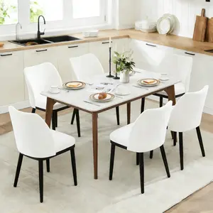 White 6 Dining Chairs: Upholstered Linen Dining Room Side Chairs, Chair for Dining Room with Padded Seat and Wood Legs-Modern Dining Chairs for Restaurant, Kitchen, Cafe, Living Room