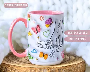 Mother’s Day Gift for Grandma, Personalized Mom Mug with Kids Names, Grandma Nana Mug, Custom Family Mug, Holding Hands Design, 2D Printed 3D Effect, gift for her, gift for him, gift for mom, gift for dad, gift for friend, birthday gift mug.