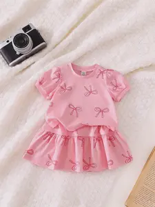 Baby Girl Summer Korean Style Cute Butterfly Print Short Sleeve Knit Top and Full Print Butterfly Knitted Skirt Outfit Set