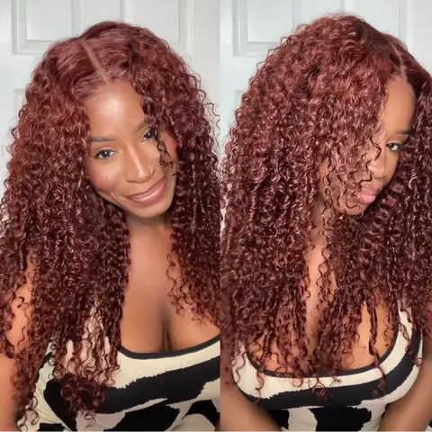 UNice Glueless Reddish Brown Jerry Curl Human Hair Lace Front Wig - 7x5 HD Lace, Bleached Knots, Beginner-Friendly, Natural Scalp, Summer Kinky Style, Curly Human Hair Wig Option