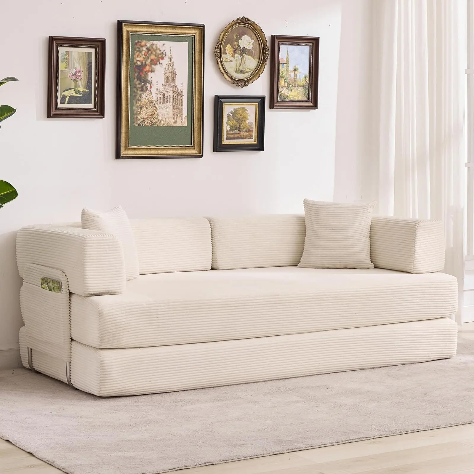 Beige 5-in-1 Convertible Sofa Bed, 78.8" Modular Corduroy Sleeper with Sturdy Frame & No Assembly, Multi-Functional Futon for Small Space, Living Room & Guest Room