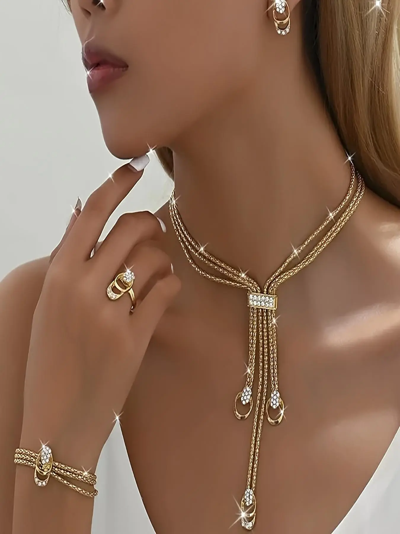 Luxury Matching Jewelry Set, Fashion Rhinestone Decorated Necklace & Earrings & Bracelet & Ring for Party, Daily Decor, Trendy All-match & Exquisite Elegant Jewellery Gift Set for Birthday Gift, Necklace And Earring Set