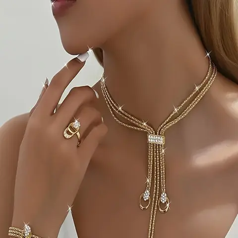 Luxury Matching Jewelry Set, Fashion Rhinestone Decorated Necklace & Earrings & Bracelet & Ring for Party, Daily Decor, Trendy All-match & Exquisite Elegant Jewellery Gift Set for Birthday Gift, Necklace And Earring Set
