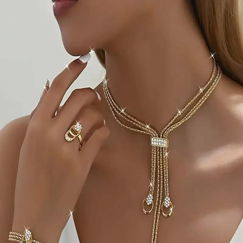 Luxury Matching Jewelry Set, Fashion Rhinestone Decorated Necklace & Earrings & Bracelet & Ring for Party, Daily Decor, Trendy All-match & Exquisite Elegant Jewellery Gift Set for Birthday Gift, Necklace And Earring Set