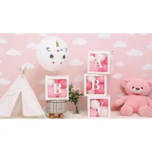 Transparent Baby Balloon Boxes Set,Baby Shower Boxes Party Decorations – 4 Pack Transparent Balloon Boxes with Baby Block Letter Design, Perfect for Baby Shower and Gender Reveal Backdrops