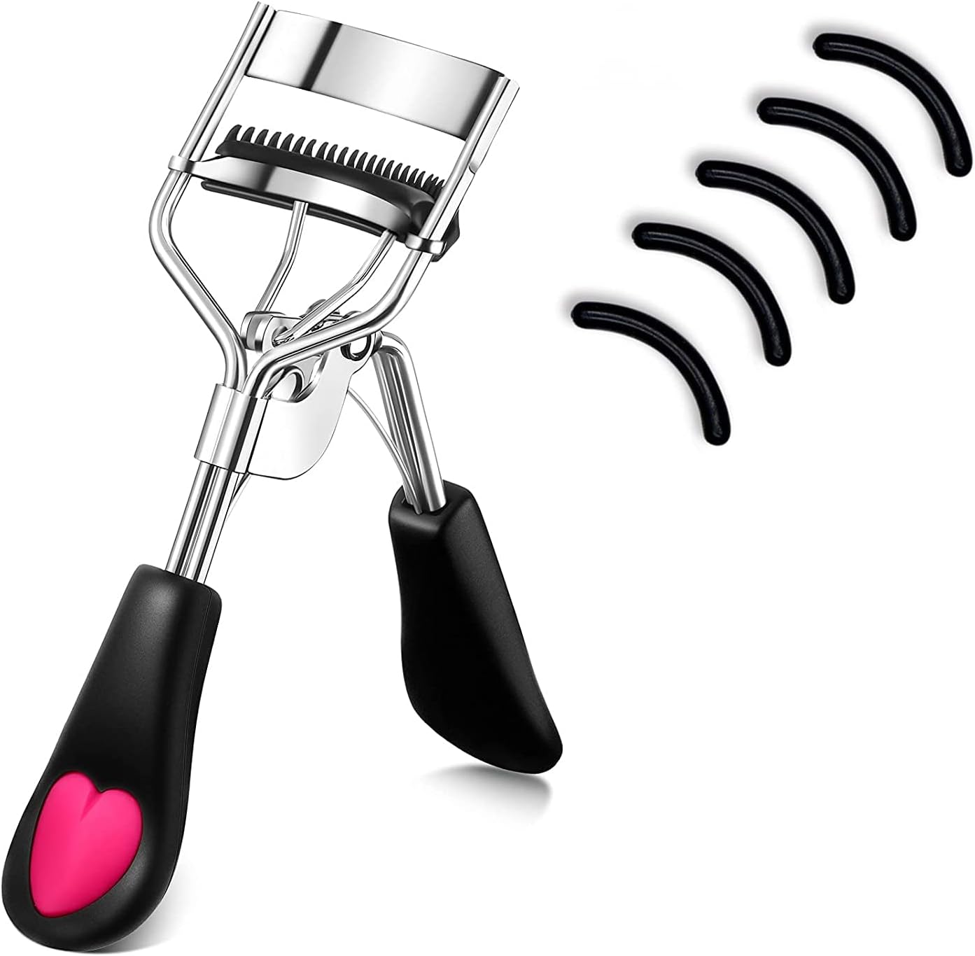 Stainless Steel Eyelash Curler with Comb Pain Free Lash Curler with 5 Silicone Refill Pads Black