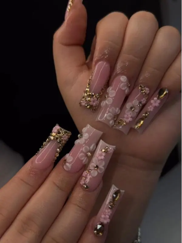 Gorgeous 3D Floral Press On Nails Long Square Shape | Pink Nude Base with Gold Rhinestones & Diamond Crystals | Luxury Bling Fake Nails for Girls | Reusable Handmade Acrylic False Nails | Kawaii Y2K Glam Stick On Nails for Wedding Birthday