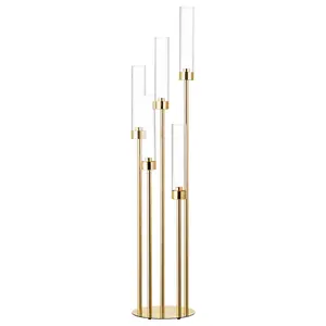 42.5In 5 Arm Gold Floor Candelabra, Tall Metal Candle Centerpieces for Tables with Acrylic Lampshade for Wedding, Birthday Party, Home Decoration, Christmas, Fit LED 0.82'' LED Candle