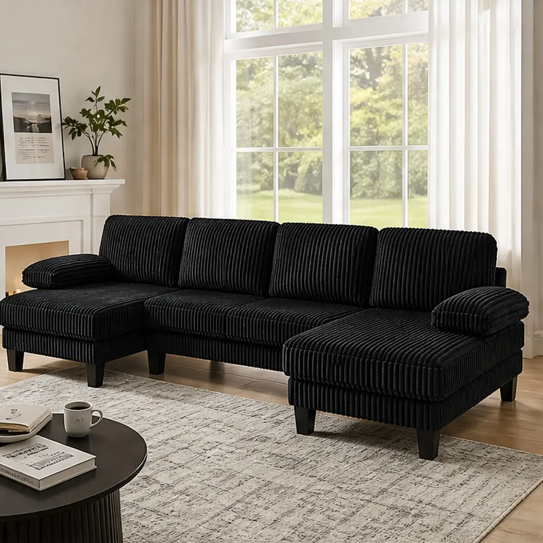 ARCH U-Shaped Sectional Sofa with Double Chaise, 4-Seat Couch with Oversized Seat, Velvet Fabric, Wood Frame, Living Room Furniture, Apartment, Multiple Color Options, Beige/Black/Green/Light Gray Color Options, Metal & Wood/Wood Material