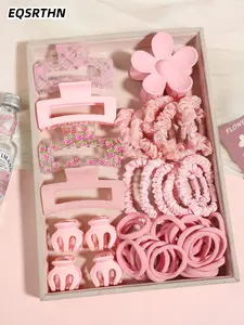 39pcs Sakura Blossom Sweet Sister Hair Accessories Set, with Sakura Blossom as the main color, large and small geometric grip clip, flower grip clip, large intestine hair ring, Elastics