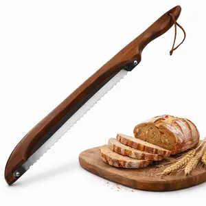 Premium Wooden Bow Bread Knife - Serrated Slicer for Homemade Bread, Bagels & Baguettes - Professional Fiddle Bow Bread Saw with Sharp Stainless Steel Blade - Dark Brown Bakeware Utensil