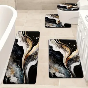 3PCS/4PCS Black and Gray Marble Pattern Bathroom Mat Set Toilet Lid Mat and Rug Bathroom Decoration U-Shaped Foot Mat non-slip laundry room mat living space