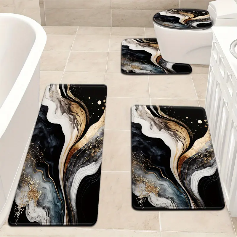 3PCS/4PCS Black & Gray Marble Pattern Non-Slip Bathroom Accessory Set - U-Shaped Bath Mat, Toilet Lid Cover, Antidrift Rug for Bathroom Decor, Antidrift Bath Mats