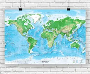Detailed World Physical Wall Map - 3D Rendered Shaded Relief & Ocean Bathymetry - Up-to-date Geographic Data & International Name Changes - Miller Projection - Attractive Easy-to-read Font Labels