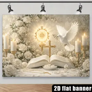 2D Flat, 2D Flat Opened Bible Theme Backdrop, Golden Holy Communion Light, Flying White Dove, Lit White Candle, Opened Bible, Golden, White Rose Bouquet, Scattered Petals, White Lace Tablecloth, Golden Candlest