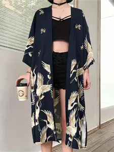 Women's Crane Print Kimono, Casual Open Front Kimono Outerwear for Daily Wear, Ladies Clothes for All Seasons, Womenswear