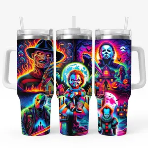 Horror Movie Villains Neon Tumbler 40oz with Handle, Halloween Chucky Michael Myers Freddy Krueger Jason Pennywise Stainless Steel Insulated Travel Mug, Spooky Psychedelic Slushy Cup Gifts For Horror Fans Men Women