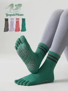 4 Pairs Women's Yoga Five-Finger Mid-Calf Socks, Sporty Striped Casual Style, Split-Toe Non-Slip Silicone Breathable, Ideal for Yoga Pilates Fitness