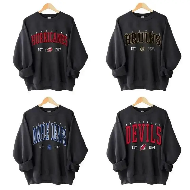 Vintage 90s All Team Hockey Black Sweatshirt, Retro Ice Hockey Sweatshirt, Crewneck Sweatshirt, Casual Classic