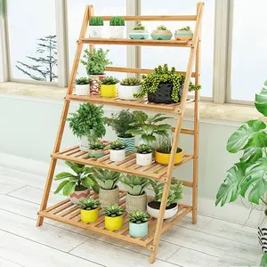 Bamboo ladder plant stand foldable flower pot display stand, suitable for indoor and outdoor family courtyard lawn garden balcony organizer flower pot stand