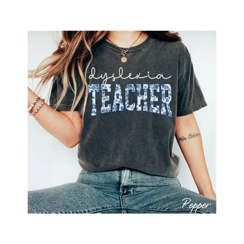 Dyslexia Teacher Shirt Comfort Colors® Toile Blue Floral Dyslexia Teacher Tshirt, Dyslexia Teacher Gift Back To School Shirt Cotton Fabric Top Womenswear