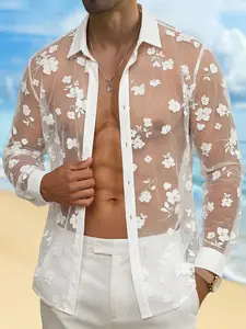 Men's transparent mesh printed button up shirt, white floral decal transparent long sleeved shirt, lightweight and breathable fabric, suitable for loose fit in clubs, beaches, and music festivals, durable print for sexy fashion enthusiasts