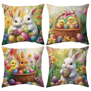 4pcs, Easter Rabbit Theme Pillow Cover, Easter Rabbit Chick Flower Floral Pattern Decorative Cushion Cover, Home Décor Products, Cushion Cover Decoration for Couch Sofa, Room Decor and Bedroom Decor, Single Sided Printing, No Pillow Core