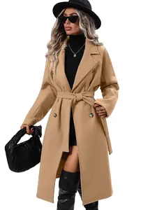 2025 Fall Winter Women's Double Breasted Tie Waist Wool Blend Pea Coat