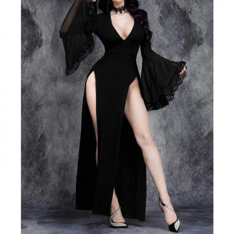 Women Gothic Sexy V-Neck High Slit Halloween Witch Sleeve Lace Lace Patchwork With Party Ghost Bridal Dress, Fit Formal gold dress ahvi prom dress2025 - TikTok Shop Women Gothic Sexy V-Neck High Slit Halloween Witch Sleeve Lace Lace Patchwork With Party Ghost Bridal Dress, Fit Formal gold dress ahvi prom dress2025 - TikTok Shop
