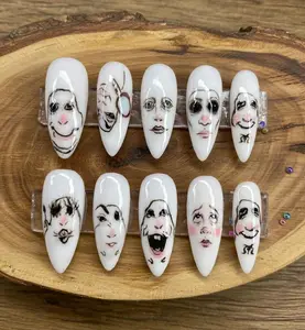 Funny Meme Press On Nails, Creepy Face Design, Quirky Y2K Viral Cartoon Nail Art Set, Handmade Almond Manicure, Statement Tips For Girl