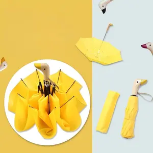 New Creative Duck Three-Fold Automatic Folding Umbrella, 8 Bone Wooden Handle, Collapsible 37cm Opened 97cm, Rainy Day Essential