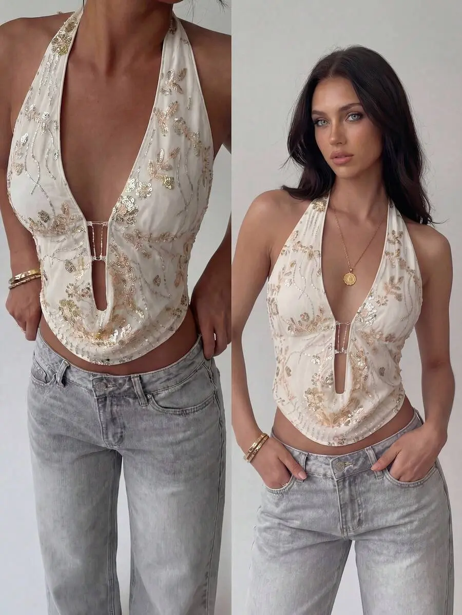 Avant Heavily Embroidered Sequin Backless Draped Neck Vacation Sexy Tank Top For Women