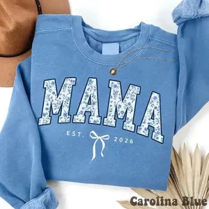 Mama Sweatshirt with Bow, Custom Est Retro Blue Toile Floral Crewneck, Coquette Aesthetic Mom Gift, Personalized New Mom Long Sleeve Pullover, Oversized Vintage Jumper