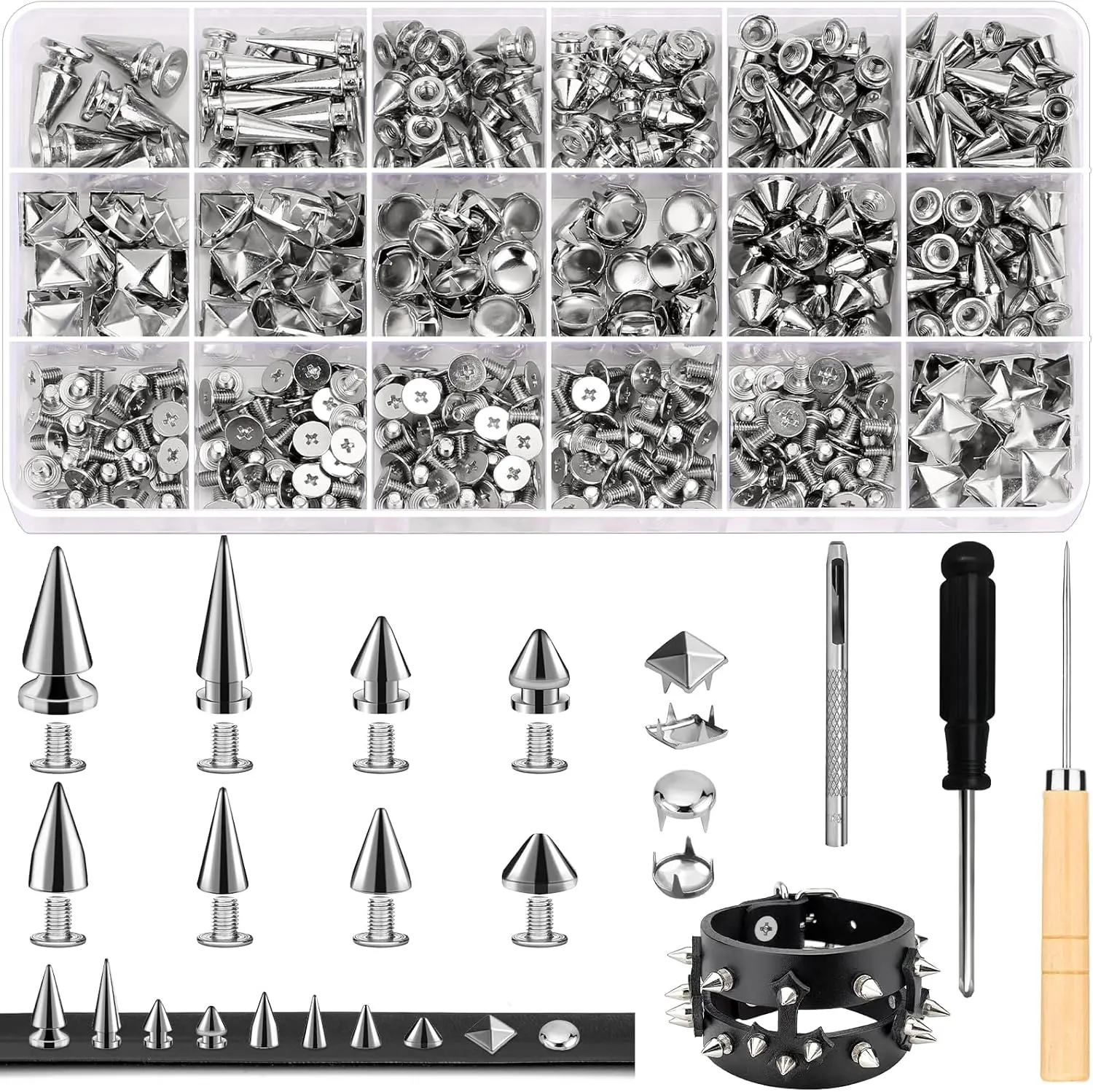 Jollidecor 455 PCS Punk Studs for Clothing, 10 Size Metal Spikes and Studs Leather Rivets for Craft, Square Pyramid Studs Round Dome Rivets DIY Punk Style Decoration for Clothes Shoes Belts Dog Collar