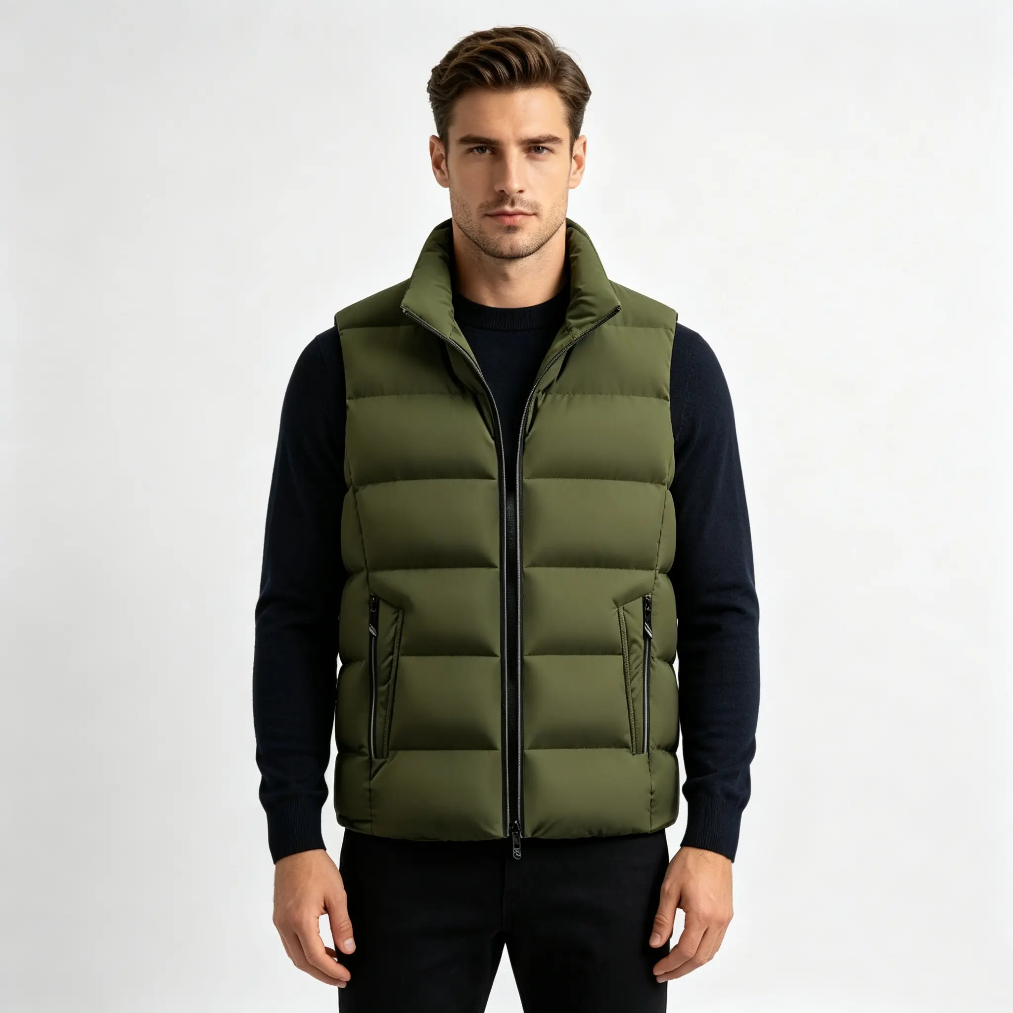 Men's Warm Padded Stand Collar Zip-Up Sleeveless Puffer Vest, Casual Winter Layering Gilet, Menswear Outerwear Top
