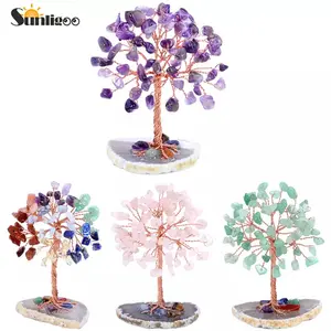 Sunligoo Super Mini Crystal Money Tree Copper Wire Wrapped W/ Agate Slice Base Gemstone Reiki Chakra Feng Shui Trees Home Decor