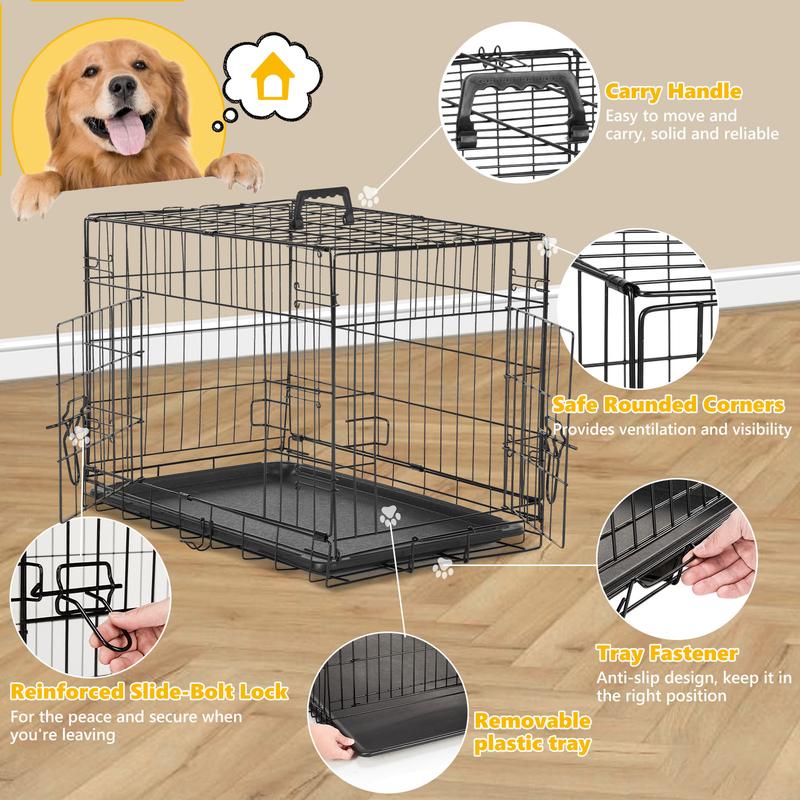 Large Dog Crate with Divider Panel, 24''/30''/36''/42''/48'' Double Door Folding Metal Wire Dog Cage with Plastic Leak-Proof Pan Tray, Pet Kennel for Indoor, Outdoor, Travel dogcrate training