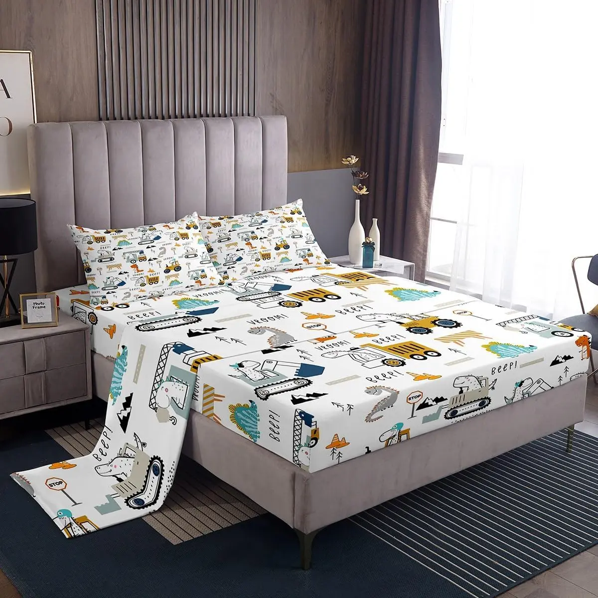Feelyou 3D Digital Print Construction Equipment Trucks & Dinosaur Soft Breathable Bedding Sheet Sets - Yellow, Deep Pocket Fitted Sheet for Bedroom, Soft Breathable Sheet