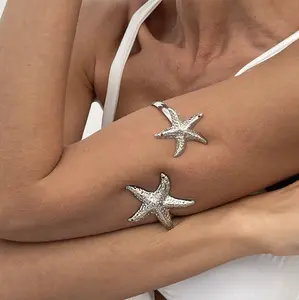 Women's Adjustable Starfish Open Cuff Arm Bracelet, Ocean-Inspired Costume Jewelry Upper Arm Bangle