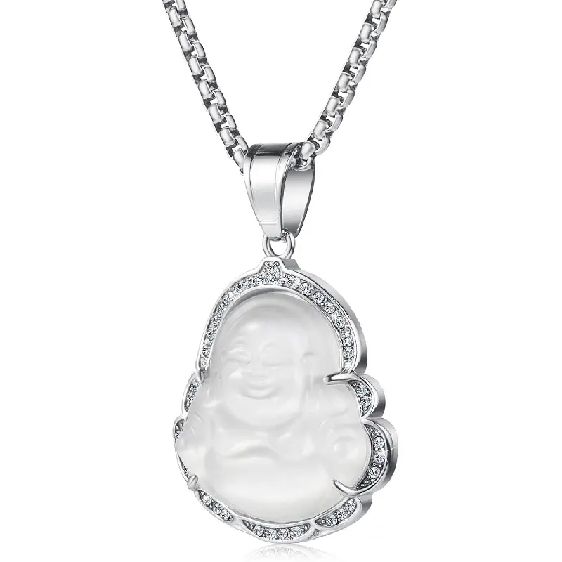 Laughing Buddha Pendant Necklace, Unisex Hip Hop Stainless Steel Jewelry with Bling CZ Stone - Sturdy 24" (60cm) Long Chain, Auspicious Energy & Good Luck Amulet for Streetwear Outfits