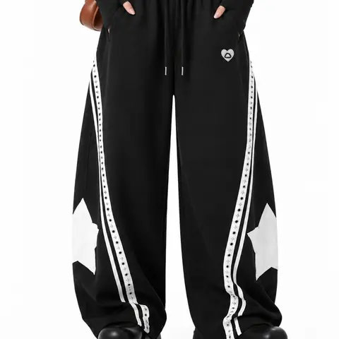 Aelfric Eden Men's Baggy Sweatpants - Star Patch, Stripe Design, Black & White Contrast, Oversized Barrel Silhouette, Drawstring Loose Cotton Blend Athleisure Casual Lounge Unisex Streetwear Pants, Athleisure Style Sweatpants