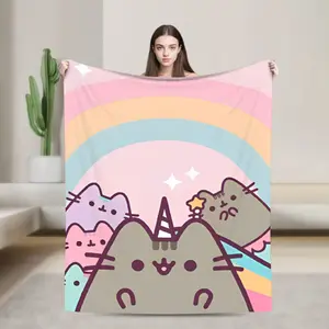 Pusheens Official Flannel Blanket Cartoon Cat Design Soft Plush Large Size Throw Multi Use As Rug Or Blanket Machine Washable Durable All Season Home Decor Comfort