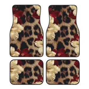 4 Pieces Leopard Print Gold And Red Flower Print Car Floor Mats, Suitable For Front And Rear Seat Carpets Of Most Cars, Used For Interior Protection And Decoration