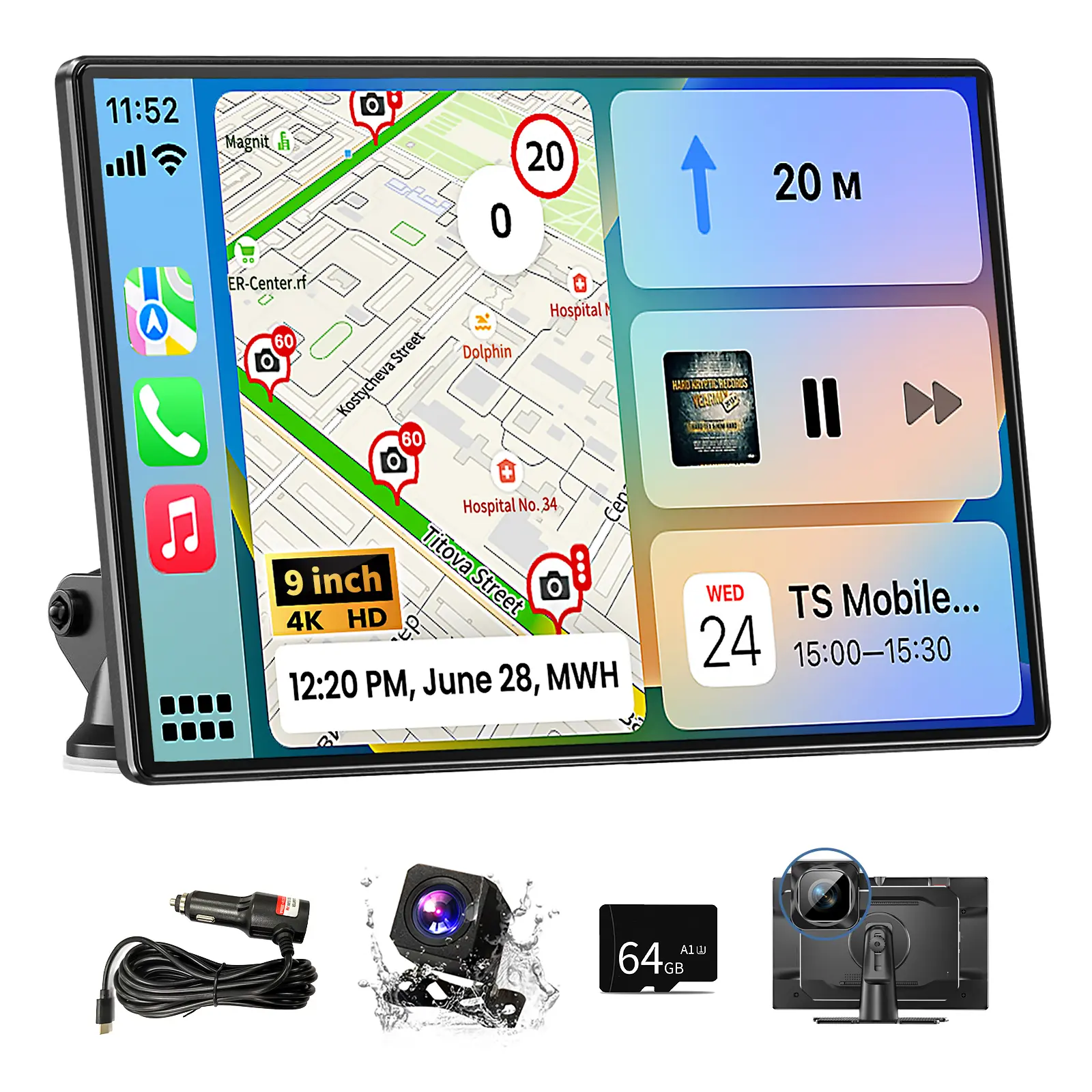 2026 Latest 9-inch Wireless Carplay Screen display screen with 4K Dash Cam & 1080P Backup Camera GPS Navigation Bluetooth All Cars Portable Touchscreen for Carplay & Android Auto