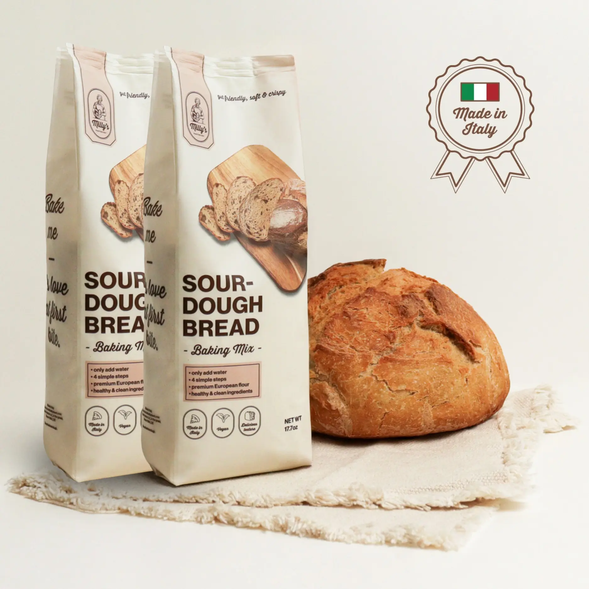 Milly’s Simple Sourdough baking mix - Just add water | No Starter Needed (already inside) | Easy Artisan Homemade Bread with 6 Clean Ingredients | Non-GMO, Made in Italy, European Stone-Milled Flour | Sourdough Starter Kit for Beginners