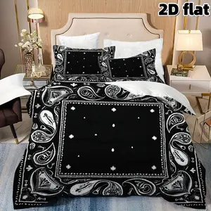 2D Flat 3Pcs Black Bandana Print Bedding Boho Paisley Pattern Microfiber Duvet Cover with Pillowcases Ultra Soft Breathable Bedding Collection for Master Bedroom Guestroom Modern Home Decor Easy Care No Filling Gift Boho Bed Set