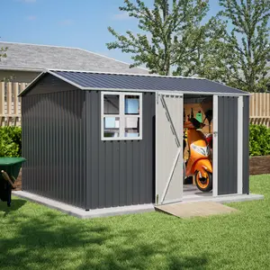10X8FT Outdoor Steel Storage Shed with Clear Window, Lockable Doors, Weather-Resistant Metal Tool Shed for Garden, Backyard, Patio, and Utility Storage,Gray