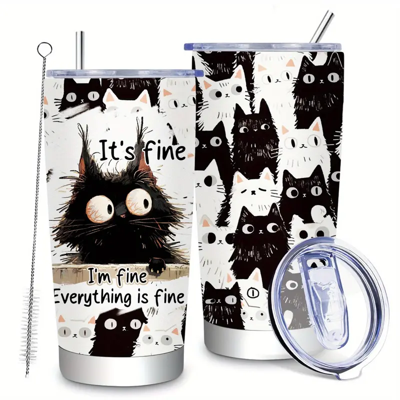 20oz Classic Black Cat Vacuum Flask - Double Wall Insulated Stainless Steel Tumbler, Portable Insulated Travel Drinkware, Leak-Proof Lid, Straw, Bisphenol A (BPA)-Free, Hand Wash Only, Ideal Gift for Cat Lovers